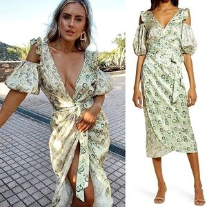 NEVER FULLY DRESSED Satin Puffed Sleeve Cold Shoulder Ruffled Wrap Midi Dress 2